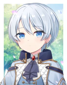 Rule 34 | 1girl, 25-ji nightcord de. (project sekai), alternate hair length, alternate hairstyle, ascot, blue eyes, border, closed mouth, commentary request, earrings, eyelashes, highres, ixia (ixia424), jacket, jewelry, open clothes, open jacket, portrait, project sekai, purple ascot, short hair, solo, very short hair, white border, yoisaki kanade