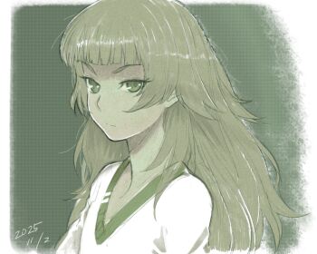 1girl artist_name blunt_bangs closed_mouth collar dated dress frown green_background green_collar green_eyes green_hair green_trim hiyajou_maho long_hair looking_at_viewer menomorute science_adventure signature simple_background solo steins;gate steins;gate_0