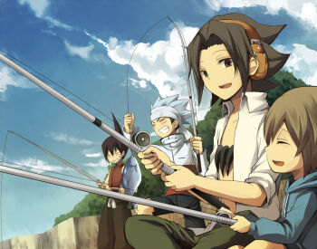 4boys aki-t asakura_yoh black_hair black_shorts blue_hair brown_eyes brown_hair closed_eyes closed_mouth cloud commentary_request day fish fishing fishing_rod green_pants grin headband headphones holding holding_fishing_rod looking_at_another male_focus multiple_boys open_mouth oyamada_manta pants revision shaman_king shirt short_hair shorts sky smile tao_ren usui_horokeu white_shirt