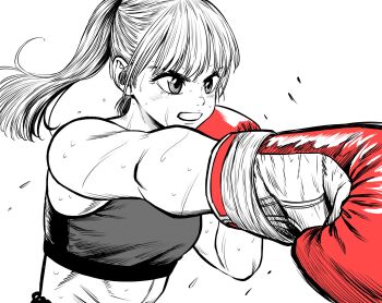 Rule 34 | 1girl, boxing, boxing gloves, boxing shorts, breasts, commentary request, flying sweatdrops, gloves, greyscale, hatching (texture), high ponytail, highres, lee (dragon garou), medium breasts, midriff, monochrome, mouth guard, original, ponytail, punching, red gloves, shorts, solo, sports bra, spot color, sweat, upper body, very sweaty