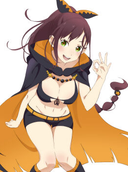 1girl :d belt bikini bikini_top_only black_bikini black_boots black_cape black_ribbon black_shorts boots breasts brown_hair cape cleavage commentary extra_pupils front-tie_bikini_top front-tie_top green_eyes groin hair_ribbon high_ponytail highres knee_boots knees_together_feet_apart large_breasts leaning_forward long_hair looking_at_viewer midriff multi-tied_hair navel ok_sign open_mouth orange_belt orange_cape orange_socks ponytail re:zero_kara_hajimeru_isekai_seikatsu ribbon shaula_(re:zero) short_shorts shorts sidelocks simple_background smile socks solo standing swimsuit symbol-only_commentary tamakiwachi two-tone_cape very_long_hair white_background