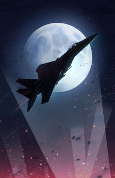 1boy absurdres ace_combat ace_combat_7 aim-9_sidewinder air-to-air_missile aircraft airplane backlighting claw_mark commentary_request contrail debris embers f-15_eagle fighter_jet helmet highres military_vehicle missile moon night night_sky onigiri_maru_(maruchosu) osean_flag outdoors pilot pilot_helmet roundel searchlight signature silhouette sin_lines sky solo star_(sky) trigger_(ace_combat) watermark