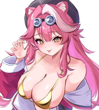 1girl animal_ears beret bikini black_hat blush breasts claw_pose cleavage closed_mouth coat collarbone commentary_request eyeshadow goggles goggles_on_head hair_intakes hat hololive hololive_english huge_breasts long_hair long_sleeves looking_at_viewer makeup multicolored_hair open_clothes open_coat panther_ears panther_girl pink_coat pink_hair ramuneco022 raora_panthera raora_panthera_(1st_costume) red_eyeshadow simple_background smile solo streaked_hair swimsuit tongue tongue_out virtual_youtuber white_background yellow_eyes