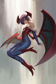 1girl absurdres bare_shoulders blue_pantyhose boots breasts cleavage darkstalkers demon_girl demon_wings full_body head_wings high_heel_boots high_heels highleg highleg_leotard highres hyakka_(momokashinryu14) leotard lilith_(darkstalkers) multiple_wings pantyhose purple_hair red_boots red_eyes red_leotard short_hair small_breasts smile solo wings
