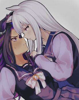 2girls animal_ears black_hair blunt_bangs blush bow bowtie breasts closed_mouth fenomeno_(umamusume) flipped_hair gold_ship_(umamusume) grey_background grey_hair highres horse_ears horse_girl long_hair long_sleeves looking_at_another medium_breasts multicolored_hair multiple_girls no_headwear parted_lips purple_eyes purple_hair purple_sailor_collar purple_serafuku purple_shirt purple_skirt sailor_collar sailor_shirt school_uniform serafuku shirt simple_background skirt sweatdrop tracen_school_uniform tsui55 umamusume white_bow white_bowtie yuri
