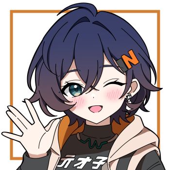 Rule 34 | 1girl, ahoge, belle (zenless zone zero), black shirt, blue hair, blush, bokutaaaa, border, clothes writing, crossed bangs, earrings, green eyes, hair between eyes, hair intakes, hair ornament, hashtag-only commentary, highres, jewelry, letter hair ornament, looking at viewer, one eye closed, open mouth, orange border, portrait, shirt, short hair, simple background, solo, waving, white background, zenless zone zero