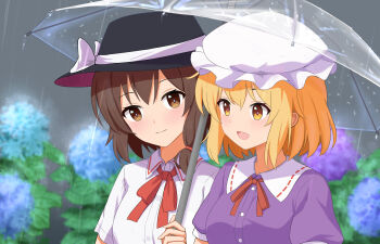 2girls :d absurdres black_hat blonde_hair blush bow bowtie breasts brown_eyes brown_hair buttons closed_mouth collared_shirt contrast_collar dress_shirt hair_between_eyes hat hat_bow highres holding holding_umbrella maribel_hearn mob_cap multiple_girls open_mouth puffy_sleeves purple_shirt rain red_bow red_bowtie red_ribbon ribbon shared_umbrella shiro_(user_1048334293) shirt shirt_ribbon short_hair short_sleeves sleeve_cuffs smile touhou transparent transparent_umbrella tree umbrella usami_renko white_bow white_hat white_shirt yellow_eyes