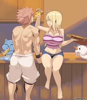 1boy 1girl absurdres artist_name back bare_arms bare_legs bare_shoulders barefoot blonde_hair blue_cat blue_shorts breasts camisole cat cleavage commentary english_commentary fairy_tail feeding food grin happy_(fairy_tail) heart highres holding holding_food holding_pizza joshdinobarney large_breasts long_hair looking_at_another lucy_heartfilia midriff muscular muscular_male natsu_dragneel navel pink_camisole pink_hair pizza pizza_box pizza_slice plue shoes short_hair short_shorts shorts sitting smile topless_female twitter_username white_shoes wristband
