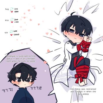 2boys ahoge barefoot bdsm black_coat black_hair black_shirt blush bondage bound bound_ankles bound_wrists coat collared_shirt commentary crying crying_with_eyes_open double-parted_bangs english_commentary english_text full_body hair_between_eyes highres kim_dokja kimidori_22 like_and_retweet male_focus multiple_boys omniscient_reader&#039;s_viewpoint open_clothes open_coat popped_collar shirt short_hair tears white_coat yaoi yoo_joonghyuk