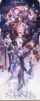 2boys 4girls absurdres alf_(silver_palace) black_dress black_gloves black_pantyhose black_shoes black_skirt black_thighhighs book character_request closed_mouth commentary detective_(silver_palace) dress english_commentary english_text female_detective_(silver_palace) firtho_(silver_palace) full_body gloves high_heels highres holding holding_book long_hair long_sleeves looking_at_viewer maccha_(mochancc) male_detective_(silver_palace) multiple_boys multiple_girls official_art pantyhose parted_lips shirt shoes silver_palace sitting skirt smile standing thighhighs white_pantyhose white_shirt