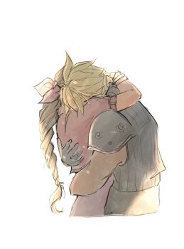 1boy 1girl aerith_gainsborough arm_around_neck armor bangle belt blonde_hair bracelet braid braided_ponytail brown_hair cloud_strife couple cropped_jacket cropped_torso dress final_fantasy final_fantasy_vii final_fantasy_vii_rebirth final_fantasy_vii_remake hair_ribbon hetero highres hug jacket jewelry long_hair papermint_tea pauldrons pink_dress pink_ribbon red_jacket ribbon short_hair short_sleeves shoulder_armor single_braid single_pauldron sketch sleeveless sleeveless_turtleneck spiked_hair turtleneck upper_body