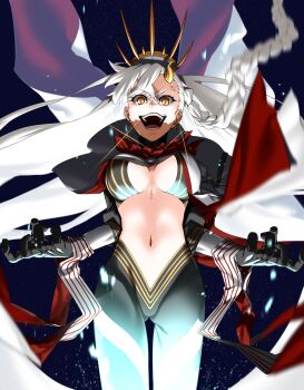 1girl ascot black_bodysuit black_gloves bodysuit braid breasts cape capelet clothing_cutout cowboy_shot diamond-shaped_pupils diamond_(shape) earrings fate/grand_order fate_(series) floating_hair glint gloves grin highres horns jewelry looking_at_viewer medium_breasts navel olga_marie_animusphere orange_eyes outstretched_arms red_ascot shadow side_braid single_braid single_horn small_horns smile solo space star_(sky) stomach stomach_cutout symbol-shaped_pupils teeth trick1601 u-olga_marie u-olga_marie_(second_ascension) underlighting white_cape white_capelet white_hair