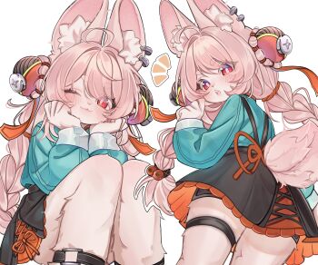 1girl absurdres ahoge animal_ear_fluff animal_ear_piercing animal_ears black_skirt blue_shirt blush body_fur braid bright_pupils closed_mouth commentary furry furry_female hair_ornament head_rest highres long_hair long_sleeves looking_at_viewer miniskirt multiple_views notice_lines one_eye_closed open_mouth parted_bangs pink_fur pink_hair pink_pupils rabbit_ears rabbit_girl rabbit_tail red_eyes rosheil shirt short_eyebrows simple_background sitting skirt smile tail thigh_strap twin_braids white_background zenless_zone_zero zhao_(zenless_zone_zero)