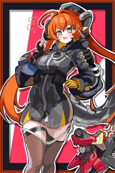 1girl absurdres ahoge anger_vein black_gloves breasts brown_thighhighs commentary_request fingerless_gloves flying_sweatdrops gloves green_eyes highres horns korean_commentary long_hair magus_(zenless_zone_zero) mechanical_tail mixed-language_commentary orange_hair orange_pupils orphie_magnusson partial_commentary pointy_ears rieana simple_background tail thighhighs twintails yellow_gloves zenless_zone_zero zipper