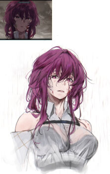 Rule 34 | 1girl, absurdres, bare shoulders, blood, blood on face, bra visible through clothes, breasts, clothing cutout, collared shirt, commentary, cropped torso, english commentary, hair between eyes, highres, honkai: star rail, honkai (series), kafka (honkai: star rail), large breasts, long hair, looking at viewer, messy hair, nadenadesuki, no pupils, parted lips, purple eyes, purple hair, rain, reference inset, scene reference, screenshot inset, see-through clothes, see-through shirt, shirt, shoulder cutout, simple background, solo, white background