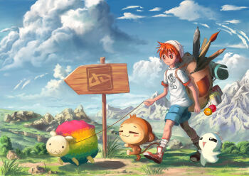 1boy ankle_socks backpack bag bag_charm bare_arms beanie blue_shorts blue_sky brown_bag charm_(object) closed_mouth cloud collared_shirt commentary day denim denim_shorts deviantart dinosaur english_commentary full_body grass hair_between_eyes hat highres knees male_focus masterteacher monkey mountain orange_eyes orange_hair original outdoors oversized_object paint_can paintbrush pencil pet_walking red_footwear rock scroll shadow sheep shirt shoes short_hair short_sleeves shorts signpost sky smile sneakers socks stylus walking white_hat white_shirt white_socks zipper zipper_pull_tab