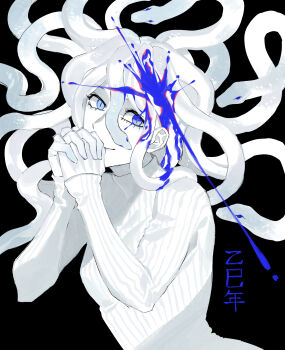 Rule 34 | 1girl, absurdres, blood, blood splatter, blue blood, blue eyes, commentary, cowboy shot, gost 56, headshot, highres, looking at viewer, original, own hands clasped, own hands together, smile, solo, sweater, symbol-only commentary, tentacle hair, twisted torso, white hair, white sweater