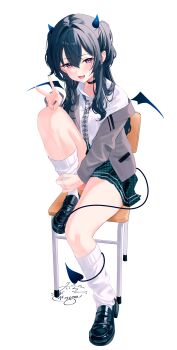 1girl absurdres belt_collar black_shoes chair collar collared_shirt demon_girl demon_horns demon_tail demon_wings detached_wings fang full_body grey_jacket hair_between_eyes hashtag-only_commentary highres horns ichinose_uruha jacket knee_up loafers long_hair long_sleeves looking_at_viewer loose_socks meercat_dayo necktie on_chair open_clothes open_jacket open_mouth purple_eyes school_uniform shirt shoes signature sitting smile socks tail virtual_youtuber vspo! white_shirt white_socks wings
