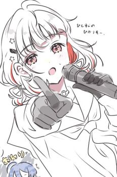 1girl black_gloves blush gloves hair_ornament half_gloves hasu_no_sora_school_uniform holding holding_microphone link!_like!_love_live! long_sleeves looking_at_viewer love_live! microphone multicolored_hair music neckerchief partially_colored pink_eyes pointing pointing_at_viewer red_hair red_streaks sailor_collar sakari_(pear_8_ll) school_uniform singing solo sparkly_spot_(love_live!) star_(symbol) star_hair_ornament streaked_hair sweatdrop translation_request upper_body virtual_youtuber white_hair winter_uniform yugiri_tsuzuri