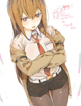 1girl belt black_shorts blue_eyes blush brown_hair brown_jacket brown_pantyhose collared_shirt commentary_request crossed_arms gift_art gorirago hair_between_eyes highres jacket long_hair long_sleeves looking_at_viewer makise_kurisu necktie off_shoulder open_clothes open_jacket open_mouth pantyhose red_necktie science_adventure shirt short_shorts shorts simple_background solo steins;gate translation_request white_background white_shirt