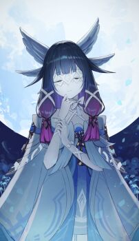 1girl absurdres black_hair blunt_bangs choker closed_eyes closed_mouth columbina_(genshin_impact) dress feathered_wings genshin_impact hair_ribbon head_wings highres long_hair moon multicolored_hair multiple_wings pink_hair ribbon sidelocks smile solo tont27 very_long_hair white_choker white_dress white_mask white_ribbon wings