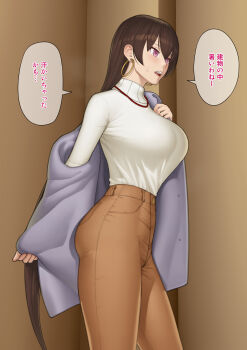 1girl absurdres bead_necklace beads blush breasts brown_hair brown_pants commentary_request earrings fate/grand_order fate_(series) gonoike_biwa high-waist_pants highres hoop_earrings jacket jewelry large_breasts long_hair long_sleeves necklace off_shoulder open_mouth pants purple_eyes purple_jacket solo speech_bubble sweater translation_request turtleneck turtleneck_sweater white_sweater xuangzang_sanzang_(fate)