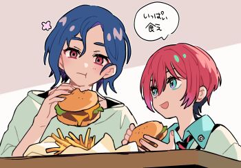 1boy 1girl :d amate_yuzuriha aqua_eyes aqua_shirt black_necktie blue_hair burger chewing collared_shirt commentary_request crescent crescent_earrings diagonal-striped_clothes diagonal-striped_necktie earrings eating food french_fries fuji_(f_ukkami) gundam gundam_gquuuuuux happy_aura highres holding holding_burger holding_food jewelry looking_at_another multicolored_eyes multicolored_hair necktie open_mouth red_eyes red_hair red_necktie school_uniform shirt short_hair shuji_ito smile speech_bubble striped_clothes translation_request two-tone_eyes two-tone_hair wavy_hair white_shirt
