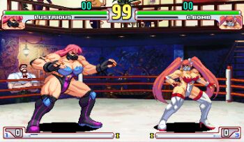1boy 2girls bare_arms bare_shoulders black_boots black_gloves blue_eyes boots boxing_ring breasts character_name cherry_bomb_(musclespirit) commentary elbow_sleeve english_commentary fighting_stance fingerless_gloves full_body gloves health_bar height_difference high_heel_boots high_heels highres knee_boots large_breasts leotard long_hair lustrious_(musclespirit) mask mouth_mask multiple_girls muscular muscular_female nakamanga original pink_hair pixel_art respirator standing thick_thighs thigh_boots thighs twintails user_interface v-shaped_eyebrows white_boots