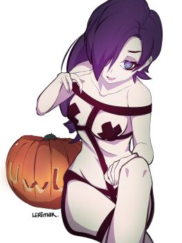 Rule 34 | 1girl, absurdres, blue eyes, bondage outfit, commentary, cross, cross pasties, english commentary, hair over one eye, highres, jack-o'-lantern, lerimar, long hair, looking at viewer, open mouth, original, pasties, pumpkin, purple hair, simple background, solo, uwu, white background, zone-tan