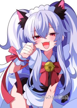 1girl 4rion :d absurdres alternate_costume animal_ear_fluff animal_ears apron bell black_dress blush bow bowtie cat_ears commentary cowboy_shot double-parted_bangs dress enmaided eyelashes eyes_visible_through_hair fangs frilled_apron frilled_wrist_cuffs frills furrowed_brow grey_hair grim_aloe hair_between_eyes hair_over_shoulder hand_up highres jingle_bell leaning_forward long_hair looking_at_viewer maid maid_apron maid_headdress naughty_face neck_bell open_mouth paw_pose quiz_magic_academy red_bow red_bowtie red_eyes red_ribbon ribbon short_dress sidelocks simple_background smile smug solo tsurime twintails twitter_username very_long_hair white_apron white_background wrist_cuffs