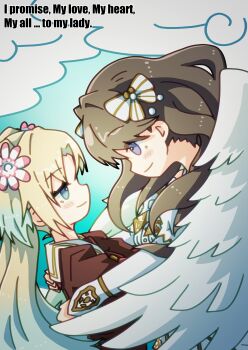 2girls absurdres angel angel_wings blonde_hair blue_eyes blue_hair blue_sky blush bow brown_dress brown_hair closed_mouth cloud commentary detached_sleeves dress english_text ether_aria_(love_live!) flower fujishima_megumi gradient_hair hair_bow hair_flower hair_ornament hashtag-only_commentary hasu_no_sora_school_uniform highres inuinui_paint juliet_sleeves link!_like!_love_live! long_sleeves love_live! mira-cra_park! multicolored_hair multiple_girls osawa_rurino pink_flower profile puffy_sleeves purple_eyes sailor_collar sailor_dress school_uniform sky smile twintails virtual_youtuber white_bow white_dress white_sailor_collar white_wings wings winter_uniform yuri