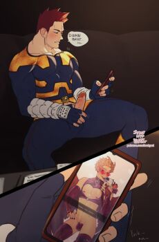 2boys beard_stubble boku_no_hero_academia bulge cellphone character_doll covered_pectorals covered_testicles detached_sleeves doll endeavor_(boku_no_hero_academia) english_text erection facial_hair hand_on_own_hip hawks_(boku_no_hero_academia) heart heart-shaped_eyewear highres holding holding_phone looking_at_phone male_focus male_masturbation masturbation multiple_boys nipples pectorals penis penis_out phone red_hair red_wings revealing_clothes selfie short_hair sitting smartphone spacenipnops speech_bubble stubble superhero_costume thighhighs wings yaoi