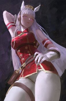 1girl absurdres animal_ears armband belt_pouch blunt_bangs bow bowtie breasts brown_hat brush_stroke daodtt dress from_below gloves gold_ship_(red_strife)_(umamusume) gold_ship_(umamusume) grey_hair hat highres horse_ears horse_girl large_breasts leggings long_hair looking_at_viewer no_tail pantyhose parted_lips pillbox_hat pouch purple_eyes red_armband red_bow red_bowtie red_dress sleeveless sleeveless_dress solo striped_armband striped_clothes thigh_strap traditional_media umamusume white_armband white_gloves white_leggings white_pantyhose