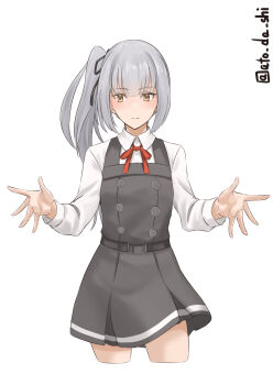 1girl absurdres artist_name atodashi belt black_ribbon buttons cowboy_shot dress dress_shirt grey_hair hair_ribbon highres incoming_hug kantai_collection kasumi_(kancolle) kasumi_kai_ni_(kancolle) orange_eyes outstretched_arms pinafore_dress red_ribbon ribbon shirt side_ponytail sidelocks sleeveless sleeveless_dress solo spread_fingers white_shirt