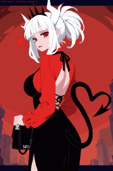 1girl archapxl bag black_dress breasts demon_girl demon_horns demon_tail dress from_behind hair_up handbag heart heart_tail helltaker highres holding holding_bag horns large_breasts long_sleeves looking_at_viewer looking_back lucifer_(helltaker) mole mole_under_eye pixel_art red_eyes red_hair red_shirt shirt solo tail white_hair white_horns