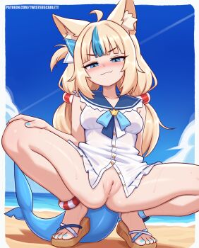 1girl ahoge animal_ears anklet ass beach blue_eyes blue_hair blue_nails blue_ribbon blue_sailor_collar blue_sky blush border breasts brown_hair brown_sandals cat_ears closed_mouth cloud cloudy_sky collarbone commentary day english_commentary fingernails fins fish_girl fish_tail hair_ribbon highres indie_virtual_youtuber jewelry lifebuoy_hair_ornament lifebuoy_ornament long_hair looking_at_viewer medium_breasts multicolored_hair nail_polish ocean one_side_up outdoors patreon_username pussy ribbon sailor_collar sameko_saba sandals school_uniform serafuku sky smile solo squatting streaked_hair sweat tail thighs twintails twistedscarlett60 two-tone_hair uncensored virtual_youtuber water white_border white_serafuku