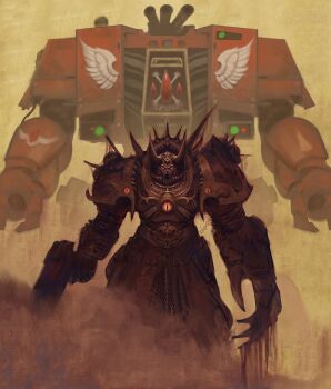 2boys absurdres adeptus_astartes armor blood blood_angels bloody_weapon bolter breastplate chain chaos_(warhammer) chaos_space_marine clawed_gauntlets commentary day dreadnought_(warhammer_40k) dust dust_cloud english_commentary exhaust exhaust_pipe eyes_of_horus_(warhammer_40k) fake_horns from_behind full_armor gauntlets gun helmet highres holding holding_weapon horned_helmet horns imperium_of_man looking_at_viewer mecha multiple_boys outdoors pauldrons power_armor red_eyes robot science_fiction shoulder_armor solo spiked_armor spikes terminator_armor thefearmaster warhammer_40k weapon