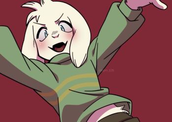 1boy animal_ears asriel_dreemurr blue_eyes blush commentary_request fang furry furry_male goat_boy goat_ears green_shirt highres kageimo long_sleeves looking_at_viewer male_focus open_mouth red_background shirt skin_fang undertale utdr_(toby_fox)