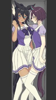 2girls animal_ears blue_eyes blush bow breasts brown_hair clenched_hand commentary_request dark-skinned_female dark_skin earrings embarrassed eyepatch highres horse_ears horse_girl horse_tail in_locker jewelry kabedon large_breasts locker looking_at_viewer multicolored_hair multiple_girls petticoat puffy_short_sleeves puffy_sleeves purple_bow purple_shirt school_uniform shirt short_hair short_sleeves single_earring skirt streaked_hair summer_uniform symboli_kris_s_(umamusume) tail tanino_gimlet_(umamusume) thighhighs tracen_school_uniform uida_(vodka_0404_) umamusume white_hair white_skirt white_thighhighs yellow_eyes