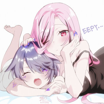 2girls bare_shoulders barefoot black_dress blush breasts closed_mouth commentary dress feet highres hololive hololive_english kamiya_maneki koseki_bijou large_breasts long_hair looking_at_viewer mori_calliope multicolored_hair multiple_girls official_alternate_hairstyle one_eye_closed open_mouth pink_eyes pink_hair shirt sleepy streaked_hair symbol-only_commentary teeth two-tone_hair upper_teeth_only virtual_youtuber white_background white_shirt