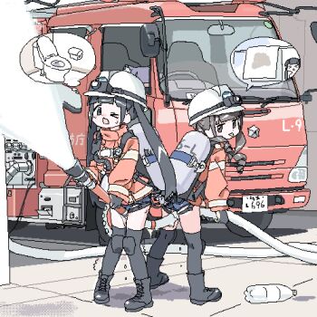 &gt;_&lt; &gt;_o 2girls :p back-to-back between_legs black_boots black_gloves black_hair black_thighhighs blunt_bangs boots bottle brown_hair drill_hair drill_sidelocks dripping fire_truck firefighter firefighter_helmet firefighter_jacket gloves grey_eyes have_to_pee helmet high-visibility_clothing high-visibility_jacket holding holding_hose hose hose_nozzle image_in_speech_bubble image_in_thought_bubble imagining jacket knee_pads knees_together_feet_apart lace-up_boots lokulo_no_mawashimono long_hair long_sleeves lowres motor_vehicle multiple_girls nervous_sweating oekaki one_eye_closed open_mouth orange_jacket original oxygen_tank pee_stain pigeon-toed shorts sidelocks speech_bubble spraying standing sweat thighhighs thought_bubble toilet toilet_paper tongue tongue_out towel truck turning_head twintails water water_bottle white_helmet