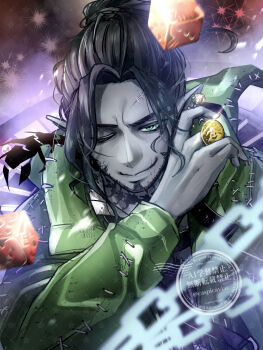 1boy beard black_hair caspicaviar chain chinstrap_beard closed_mouth coin collared_shirt colored_skin cosplay curtained_hair dice facial_hair facial_scar green_eyes green_jacket grey_skin high_ponytail highres holding holding_coin hood hooded_jacket jacket male_focus mature_male neck_tattoo one_eye_closed patterned_background ponytail revision scar scar_on_cheek scar_on_face scar_on_forehead scar_on_mouth shirt short_ponytail smile solo swing_(twisted_wonderland) tattoo twisted_wonderland upper_body watermark white_shirt