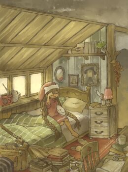 1girl barefoot bed book book_stack braid broom brown_hair chair closed_eyes coffee_mug commentary_request cup full_body hat highres holding holding_stuffed_toy indoors jar koki08186863 lamp long_hair mug nightcap nightgown on_bed open_mouth original picture_frame pillow pitcher_(container) radio red_hat red_nightgown rubbing_eyes sitting slippers solo stuffed_animal stuffed_toy suitcase table twin_braids unworn_slippers very_long_hair wallpaper_(object) window