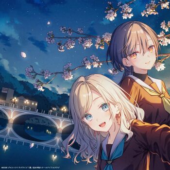 2girls :d aqua_eyes black_hair blue_eyes blue_sky bridge brown_dress ceras_yanagida_lilienfeld cherry_blossoms closed_mouth commentary_request copyright_notice cover_image dress dutch_angle edel_note flower grey_hair hair_ornament hasu_no_sora_school_uniform highres jellyfish_cut katsuragi_izumi link!_like!_love_live! long_hair long_sleeves looking_at_viewer love_live! multiple_girls neckerchief night official_art open_mouth orange_eyes outdoors pleated_dress sailor_collar sailor_dress school_uniform selfie sky slit_pupils smile tadano_yukiko teeth triangle_hair_ornament upper_teeth_only virtual_youtuber white_flower white_sailor_collar winter_uniform yellow_neckerchief