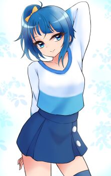 1girl arm_behind_head blue_eyes blue_hair blue_shirt blue_skirt blue_thighhighs bow casual ch-b closed_mouth commentary cowboy_shot cut_bangs hair_bow highres hirogaru_sky!_precure long_sleeves looking_at_viewer medium_hair miniskirt pleated_skirt precure shirt side_ponytail single_sidelock skirt smile solo sora_harewataru standing t-shirt thighhighs two-tone_shirt white_shirt yellow_bow