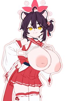 1girl ahoge animal_ears black_choker black_hair blue_archive breasts cheeso_art choker clothes_lift detached_sleeves flower hair_bun hair_flower hair_ornament hakama hakama_skirt halo hand_on_own_chest hand_on_own_hip huge_breasts inverted_nipples japanese_clothes kaede_(blue_archive) miko nipples obi red_skirt sailor_collar sash shirt shirt_lift short_hair side_bun single_hair_bun skirt sleeveless sleeveless_shirt smile solo standing thighhighs white_background white_shirt white_sleeves white_thighhighs wide_sleeves yellow_eyes zettai_ryouiki