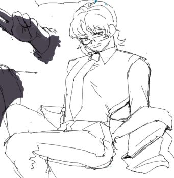 1boy absurdres beard_stubble coat collared_shirt facial_hair formal_clothes glasses gregor_(project_moon) greyscale hair_between_eyes half-closed_eyes head_down highres limbus_company lineart long_hair looking_at_viewer low_ponytail male_focus monochrome necktie oekaki off-shoulder_coat off_shoulder out_of_frame pants parted_bangs photoshop_(medium) ponytail project_moon removing_coat sanpaku semi-rimless_eyewear shirt simple_background sitting sketch smile smirk solo spot_color stubble suit under-rim_eyewear undressing unfinished white_background