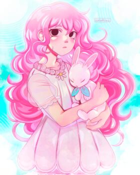 1girl alternate_costume alternate_eye_color alternate_universe animal artist_name aubrey_(faraway)_(omori) aubrey_(omori) black_eyes closed_mouth collarbone commentary dress english_commentary highres holding holding_animal long_hair looking_at_viewer omori pink_hair rabbit short_sleeves white_dress zoewillowz