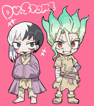 +++ 2boys asagiri_gen asymmetrical_hair bandaged_arm bandages barefoot belt belt_bag black_eyes black_hair blue_sleeves blush_stickers boots bow brown_bag brown_belt brown_bow brown_footwear brown_tunic commentary_request copyright_request dr._stone full_body green_hair grin hair_between_eyes hand_on_own_hip ishigami_senkuu long_sleeves looking_at_viewer male_focus marking_on_cheek multicolored_hair multiple_boys open_clothes open_mouth open_robe own_hands_together pants patchwork_clothes pink_background purple_robe purple_sleeves raised_eyebrows red_eyes robe sharp_teeth short_hair short_sleeves simple_background smile spiked_hair standing teeth terada_tera toes tunic two-tone_hair upper_teeth_only v-shaped_eyebrows waist_bow white_hair white_pants