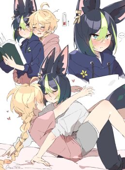 ... 2boys aether_(genshin_impact) ahoge animal_ear_piercing animal_ears artist_name blue_eyes book braid braided_ponytail commentary crying drawstring genshin_impact green_hair highres holding holding_book hood hoodie imminent_kiss jackal_boy jackal_ears long_hair multicolored_hair multiple_boys open_book reading streaked_hair tighnari_(genshin_impact) trap wai1010 white_background yaoi